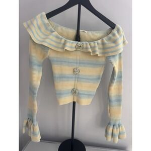 Illa Illa Pastel Ribbed Crop Cardigan Sz S Off Shoulder Ruffle Bell Sleeve Y2K